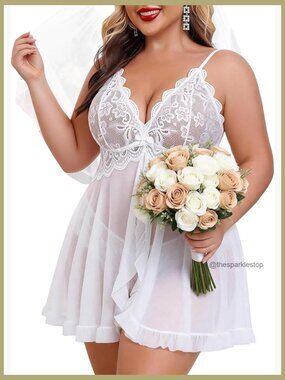 Plus Size Lace Babydoll Chemise with Front Closure and Matching Panty
